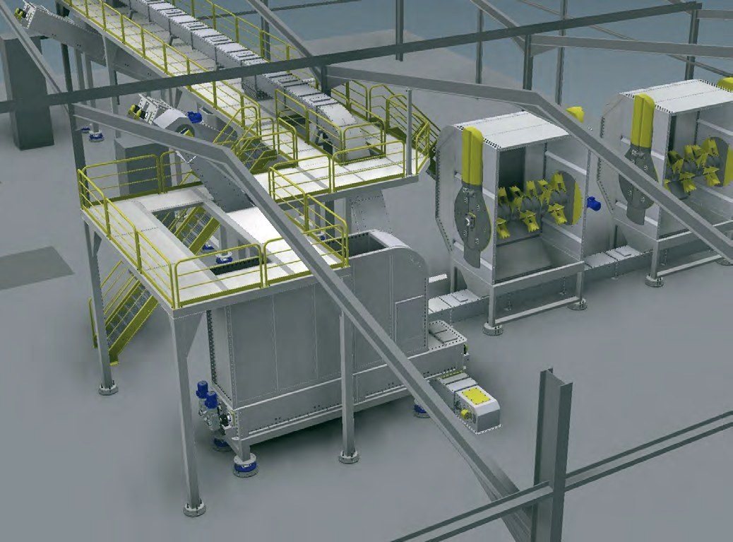 Modelo 3D de una línea de recepción, transporte y alimentación de reactor con CDR de plásticos