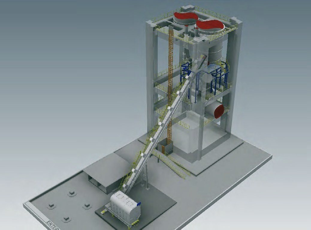 Modelo 3D de una torre de dosificación de combustible alternativo y biomasa para un horno de cemento en Colombia